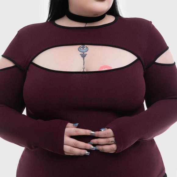 Tops - Killstar Abyssal Elegy knitted top Burgundy plus size cutout keyholetop